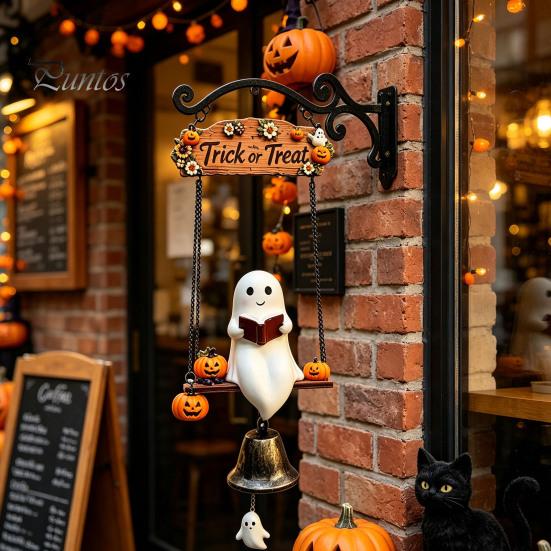 Decorative Resin Craft Ornament Halloween Swing Ghost Doorbell, with Pumpkins Decor, Gothic Style Trick Wall Art or Treat Sign, for Farmhouse