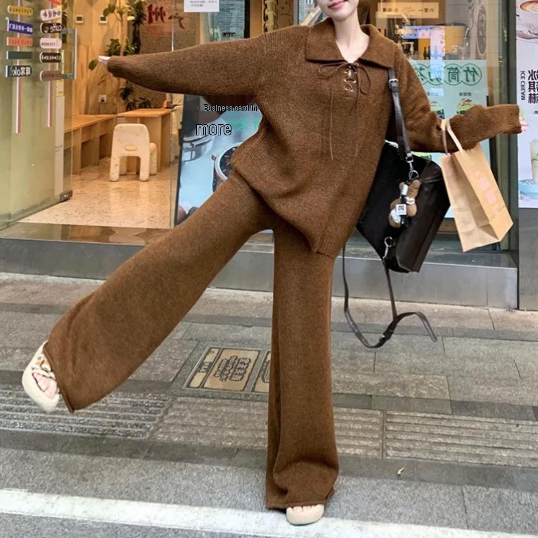 

Женский ретро трикотажный комплект с длинным рукавом и брюками в пол - Один размер, Однотонный, Осень/Зима One Size