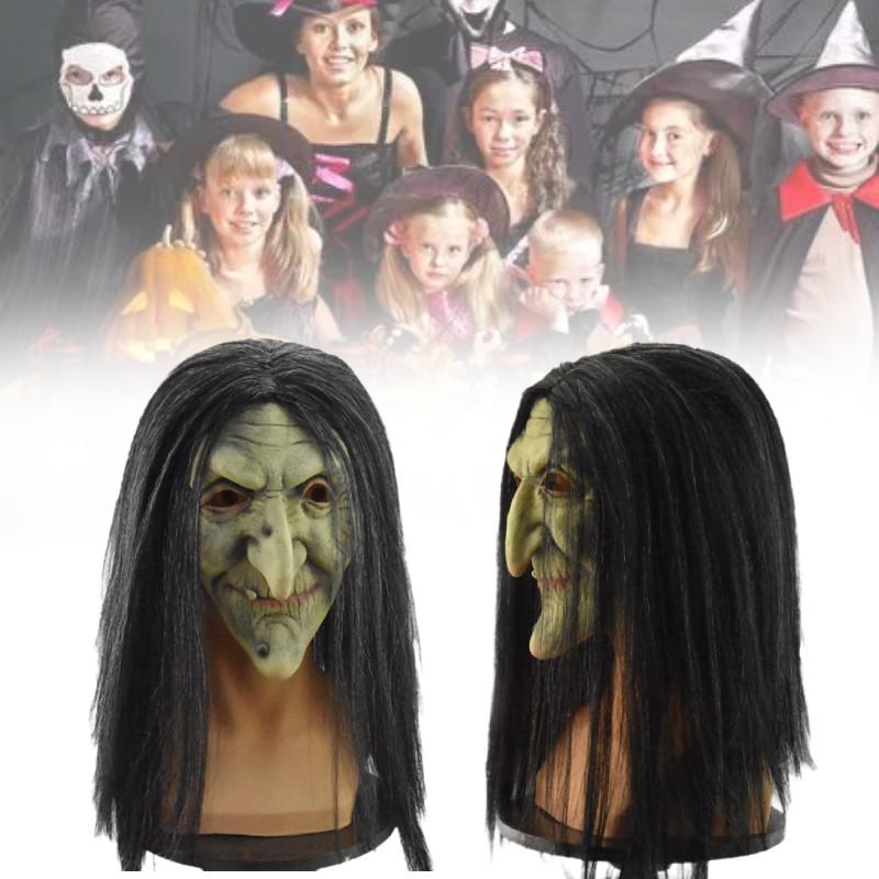 Classic Evil Witch Latex Mask For Halloween Party Costume With Scary Black Hair