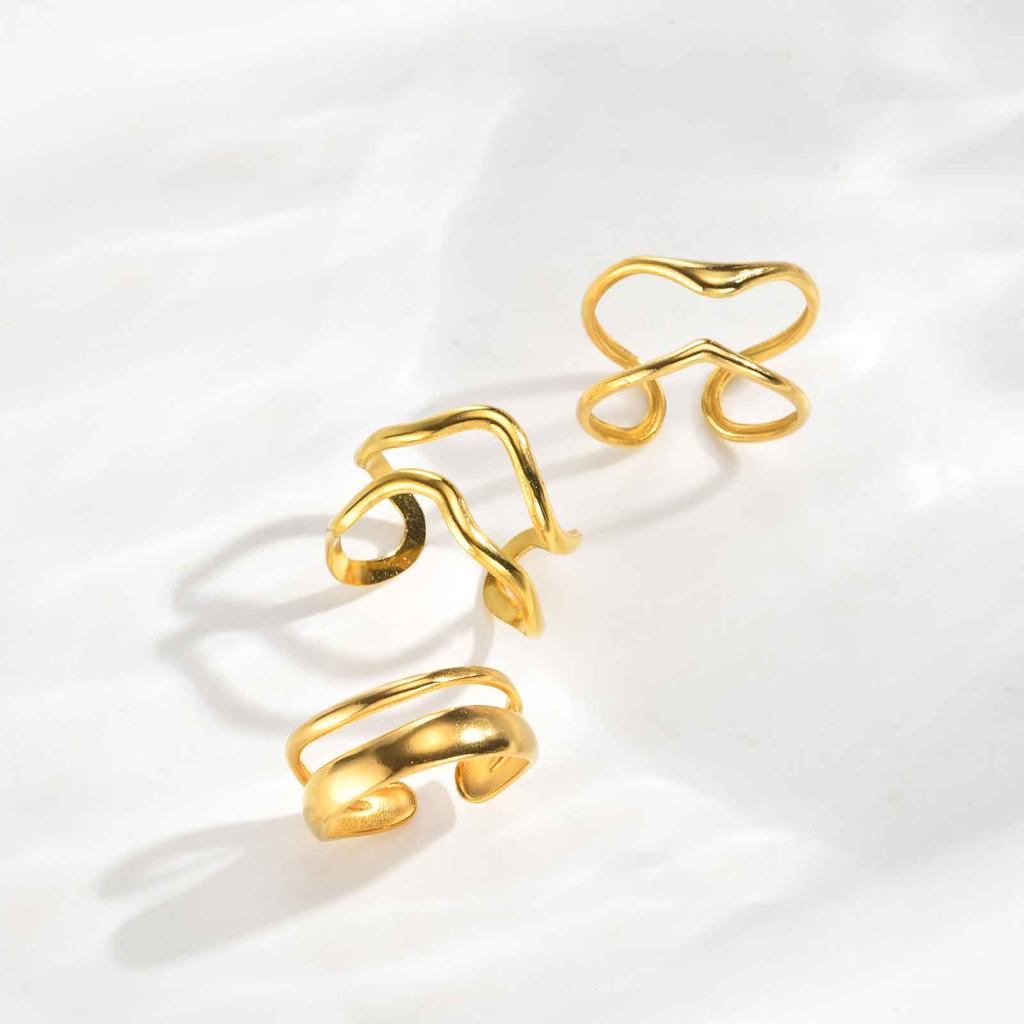 3pic Double-Layer Open Ring for Women Stainless Steel Set Wave Finger Rings Gold Plated Daily Jewelry Gift