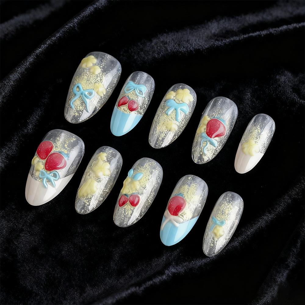Valentine s Strawberry Shortcake Cat Eye Blue Bow 3D Embossed Almond Nail Tips - 30 Piece Set