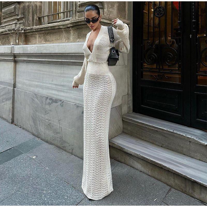 Elegant Knitted Maxi Dresses for Women Summer Long Sleeve V-neck Hollow Out Long Dress Female Chic Evening Party Beach Dresses