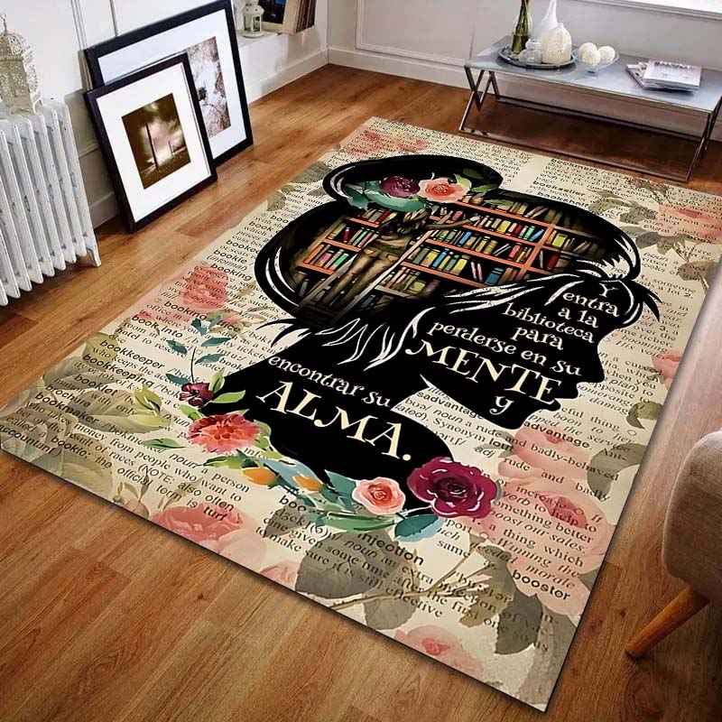 Bookshelf Newspaper Flowers Printed Carpet for Bedroom Living Room Bedside Sofa Floor Mat Modern Home Decor Area Rug