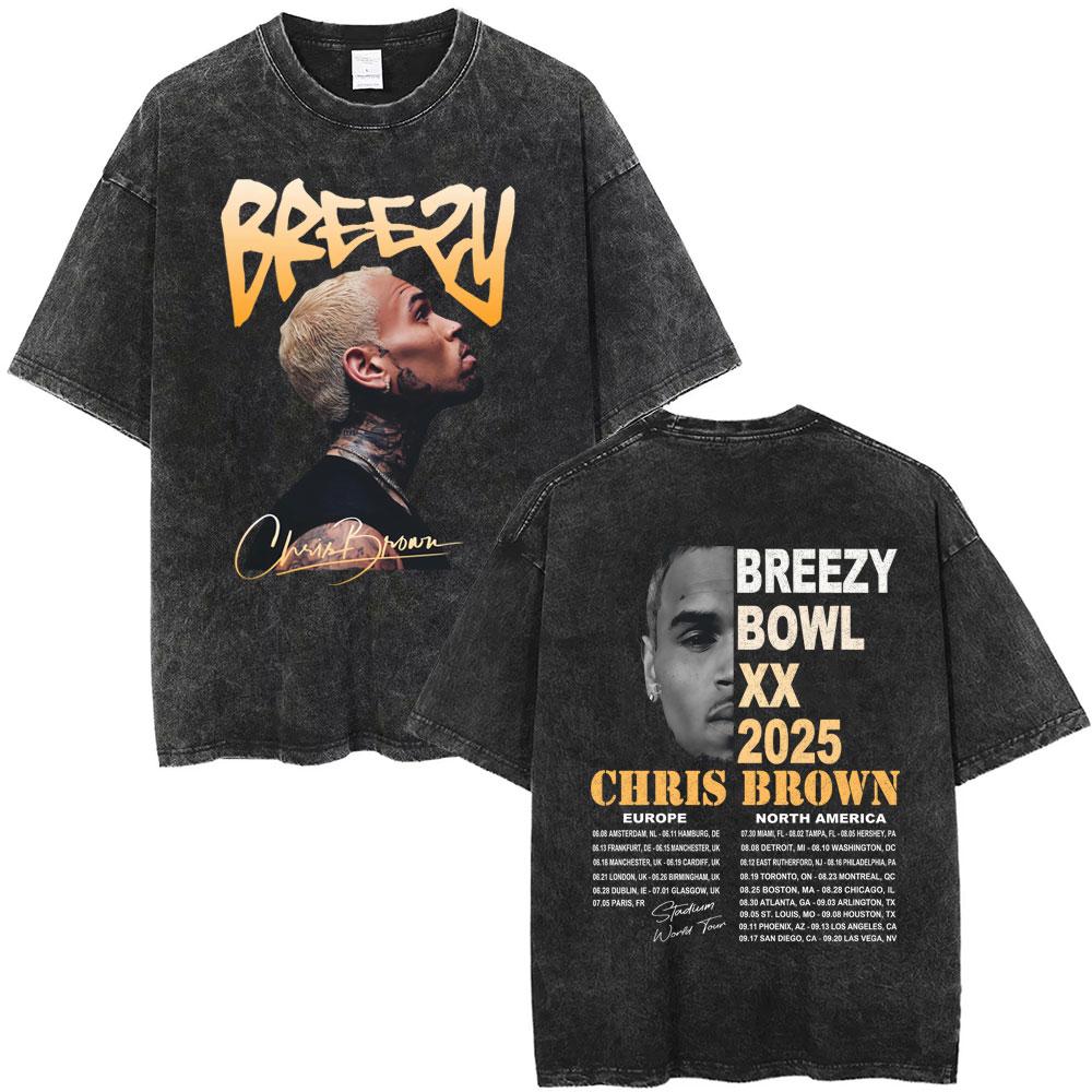 

Vintage Washed Rapper Chris Brown Graphic Tshirt Breezy Bowl XX Tour T Shirts Men Women Hip Hop Fashion Retro Tee Shirt S