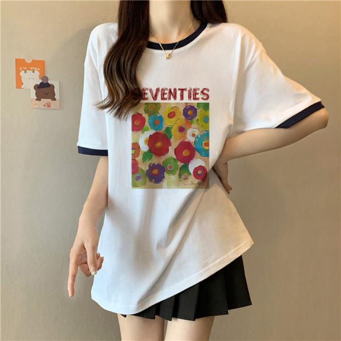 

White short-sleeved t-shirt women s 2025 new summer pure cotton loose contrasting color front shoulder t-shirt niche design top 2XL Темно-синій