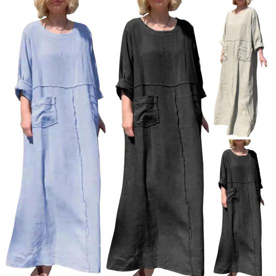 Kadın Uzun Kollu Elbise Bol Kesim Düz Renk Cepli Uzun Elbise Retro Stil Yuvarlak Yaka A Kesim Eklemeli Elbise Ofis Günlük Yaşam Plaj Partisi için