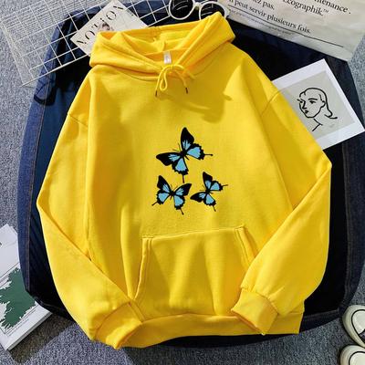 Autumn and Winter Black and Blue Butterfly Print Hoodie Sweatshirt for Men and Women Couples Korean Style Trendy Tops