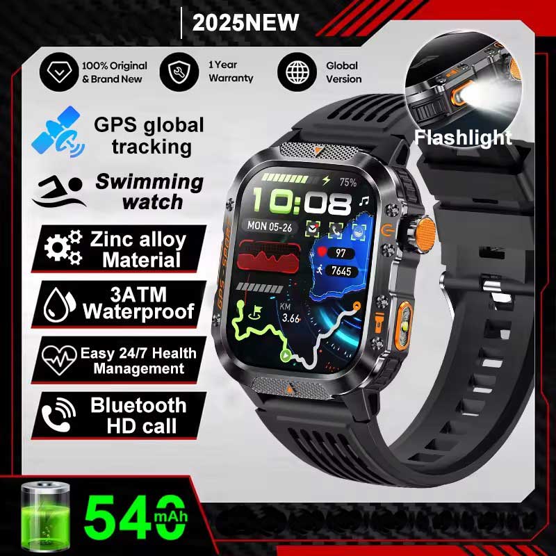 Vojenské chytré hodinky s vestavěným GPS, kompasem, výškoměrem, vodotěsností 3ATM IP69K, AMOLED displejem, Bluetooth voláním, 2,01" chytré hodinky pro Android a iOS