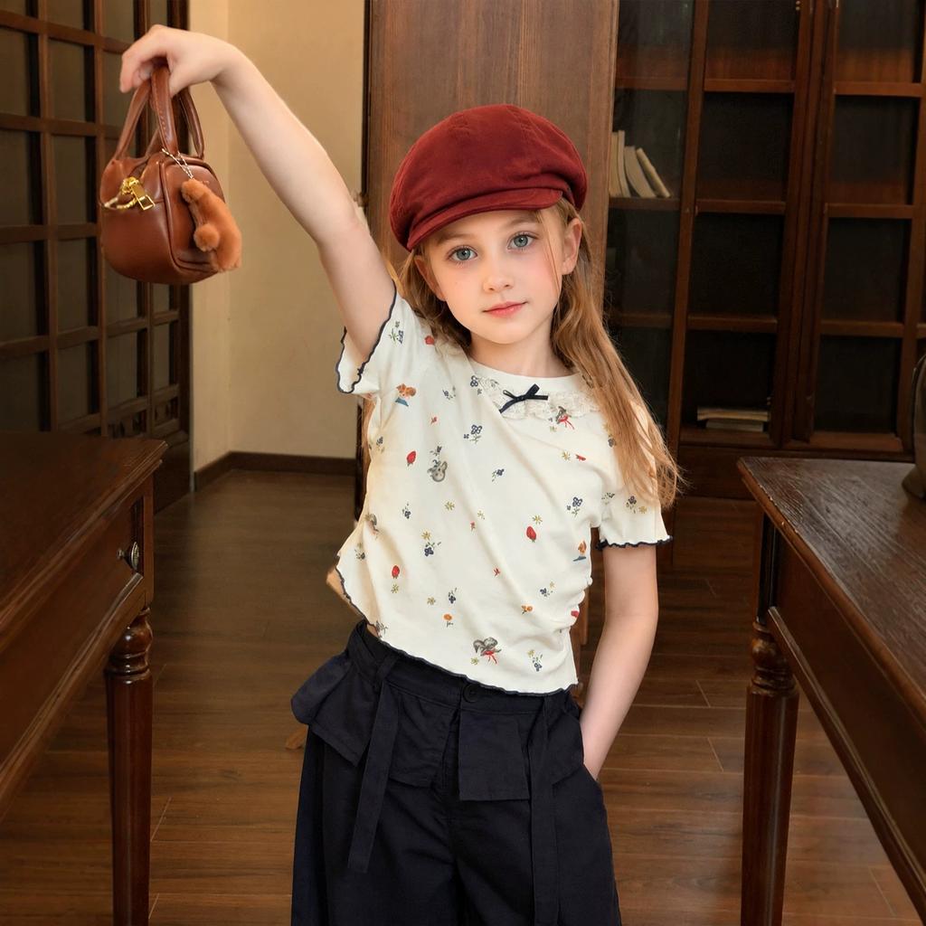 Girls Sweet Floral Short Sleeve T Shirt Casual Trendy Top For Big Kids