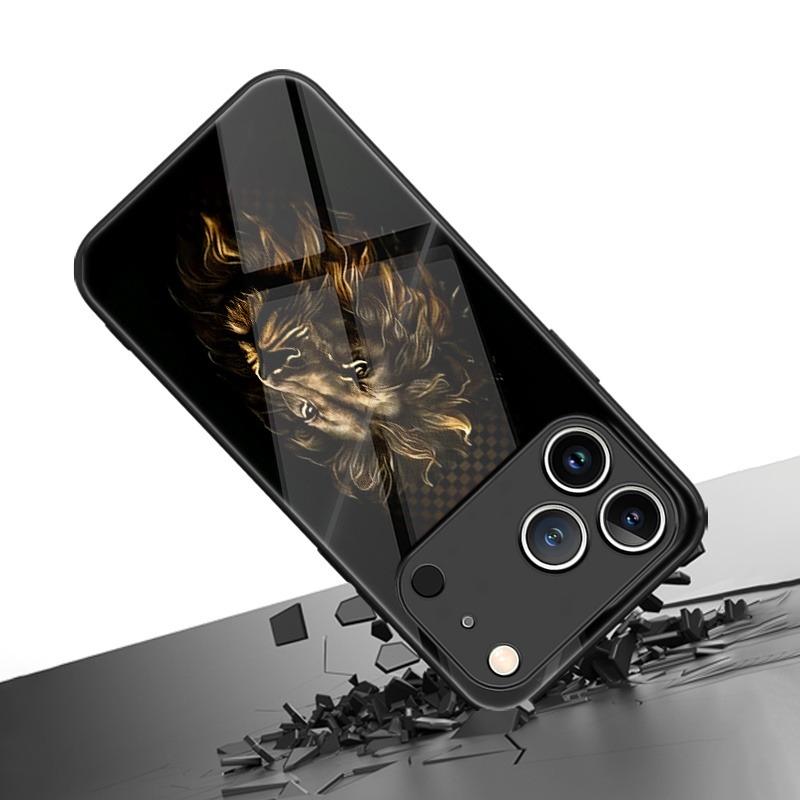 Black Art Trend Löwenkopf Muster Gehärtetes Glas Handyhülle Für iPhone 17 16 15 Pro Max 14 13 12 11 17Air 7 8 Plus XR XS X Hülle