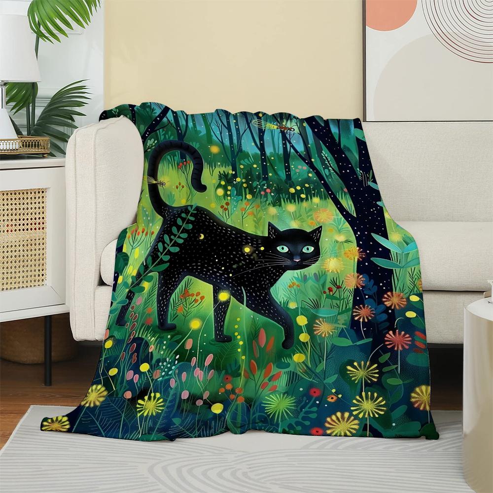 Enchanted Forest Black Cat Flannel Blanket, Magical Woodland Art Throw, Soft Cozy for Cat Lover Home Decor, Warm Sofa Couch Gift