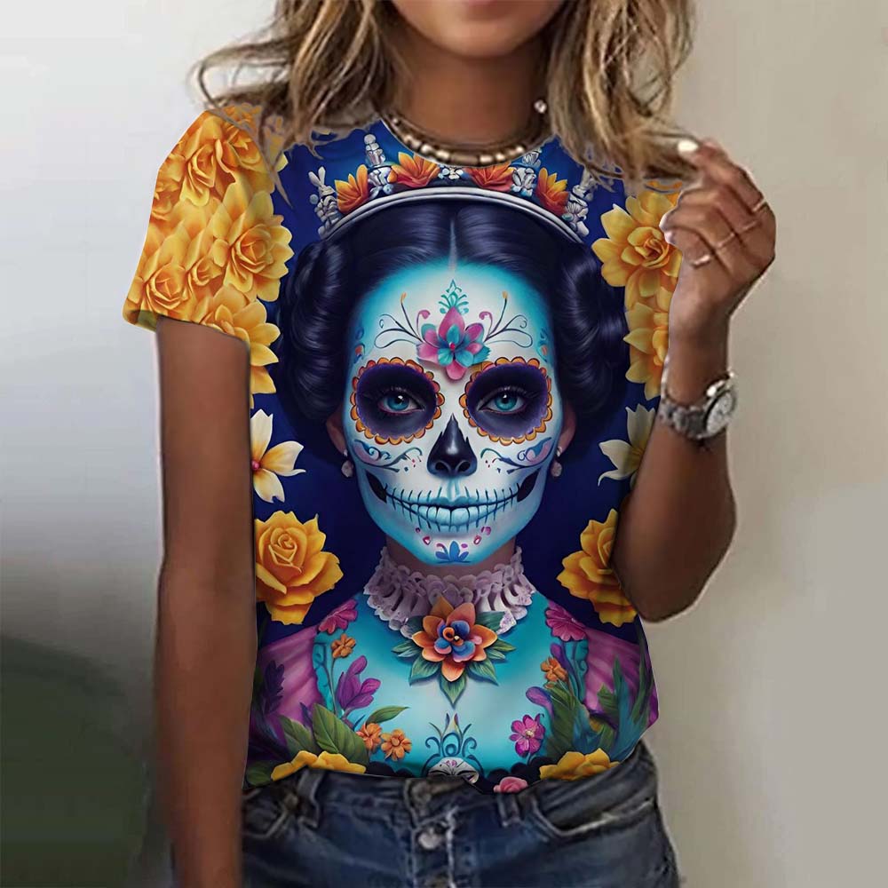 Fashion Women's T-shirt for Girls Summer Short Sleeve Casual Sexy Girls Clothes Horror Undead Skull Pattern Oversized T-shirts