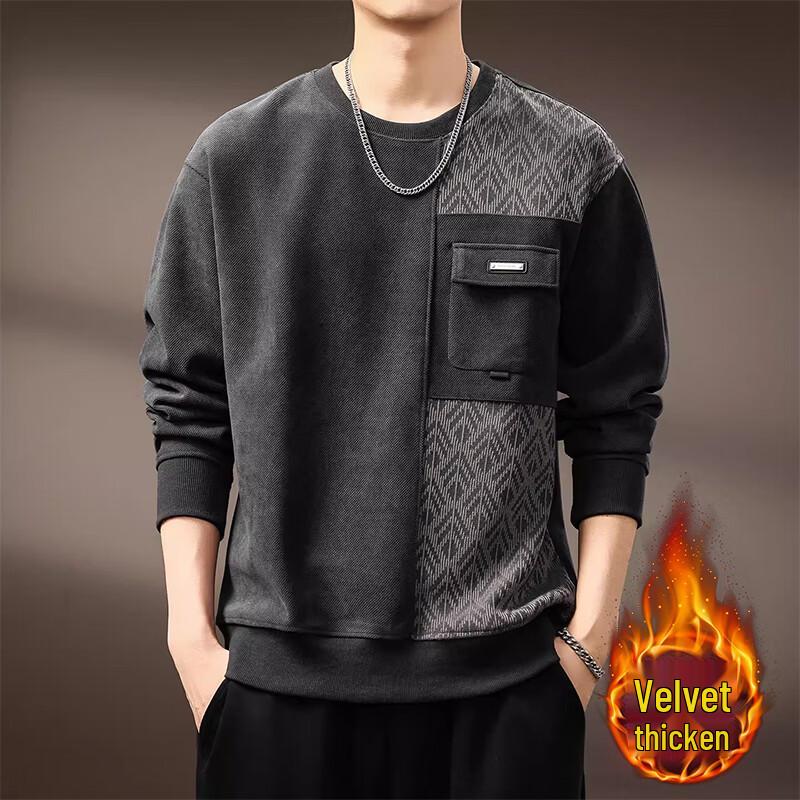Men's American Retro Brushed Jacquard Patchwork Round Neck Sweatshirt