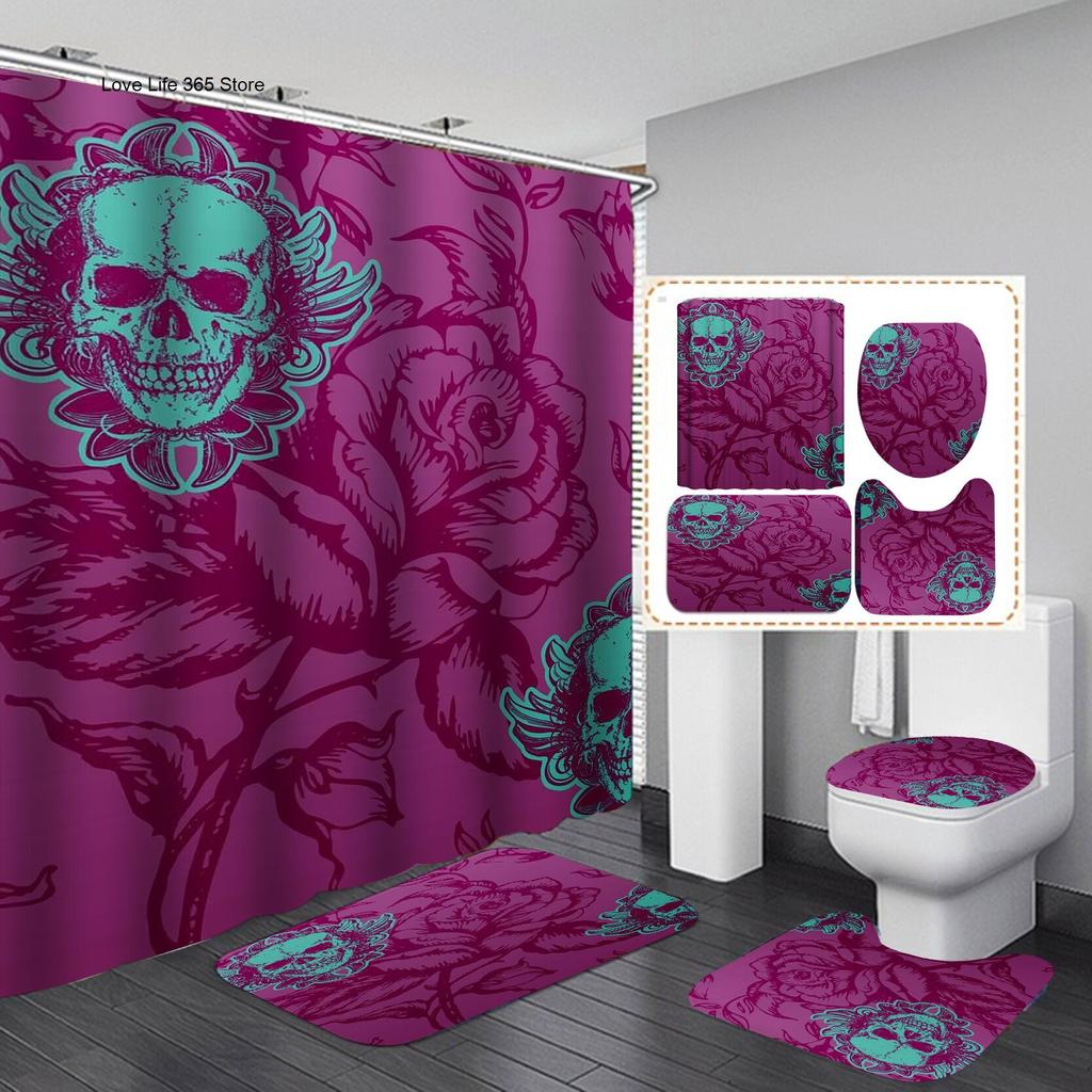 Jack Skellington Pattern Shower Curtain Halloween Christmas Cool Fashion Skull Floor Mat Rugs Toilet Cover Set Bath Accessories