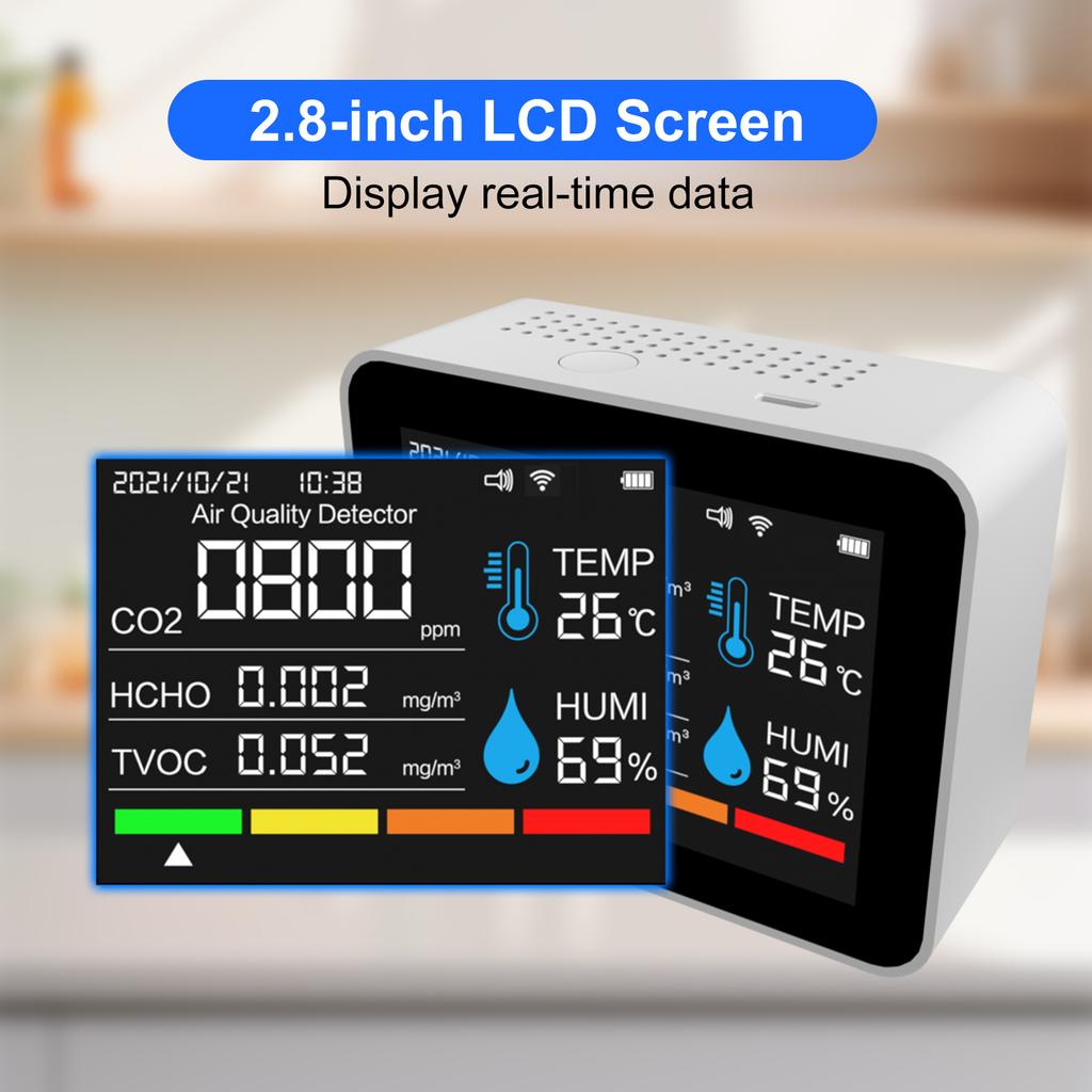 Novo Monitor Portátil de Qualidade do Ar Interior 12 Funções Termômetro Higrômetro WiFi para App Tuya Smart Display Colorido de 2,8" Instrumento Multifuncional