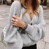 European & American Autumn/Winter Women's V-Neck Lantern Sleeve Button Knit Cardigan