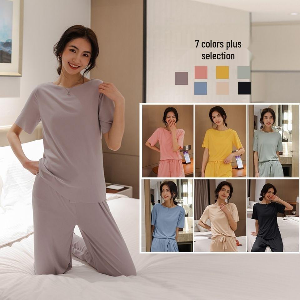 New Women's Solid Color Ice Silk Loungewear Two-Piece Set - Casual Soft Style