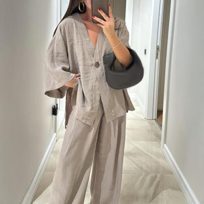 Damen Locker Zweiteiliges Outfit Langarm V-Ausschnitt Ein-Knopf-Hemden Hohe Taille