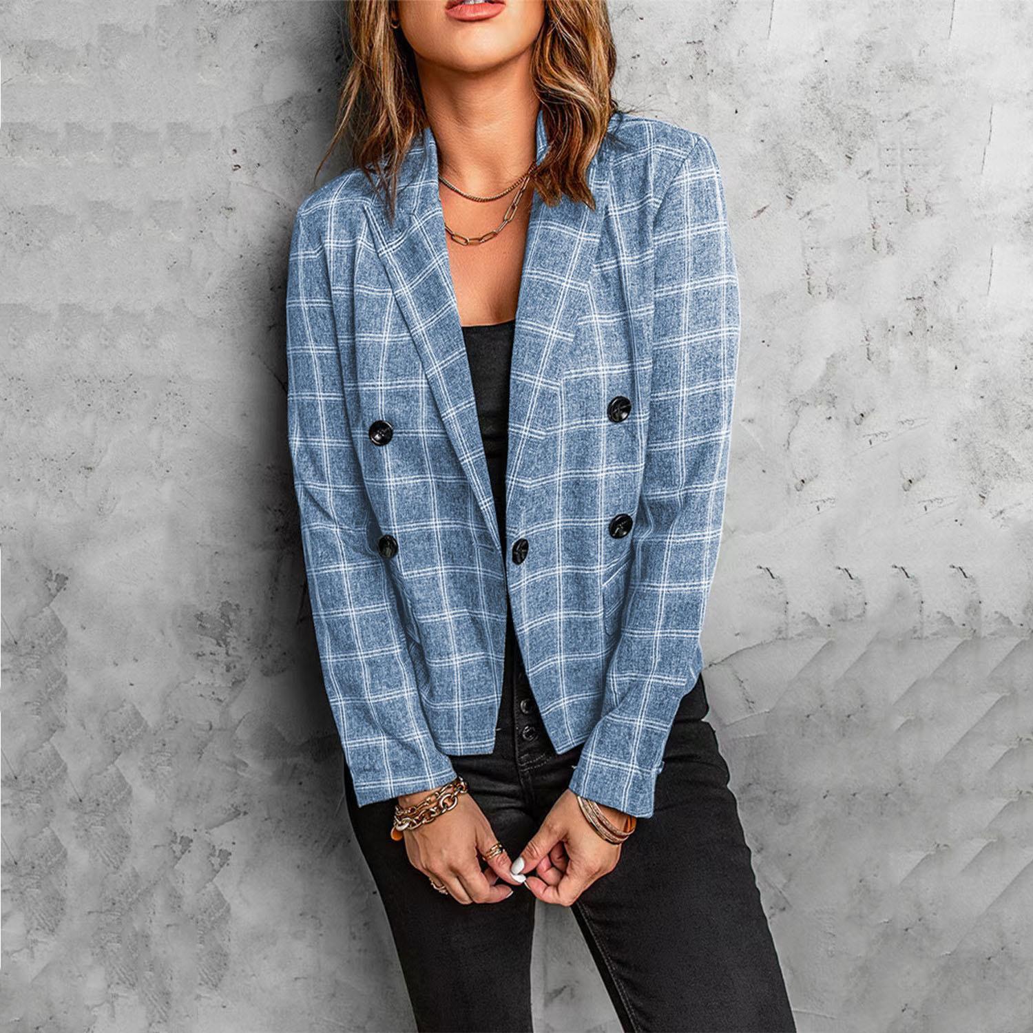 

Женский блейзер в клетку, повседневная офисная куртка на пуговицах с лацканами с вырезом, универсальное пальто для работы и ежедневных поездок XXXL синий