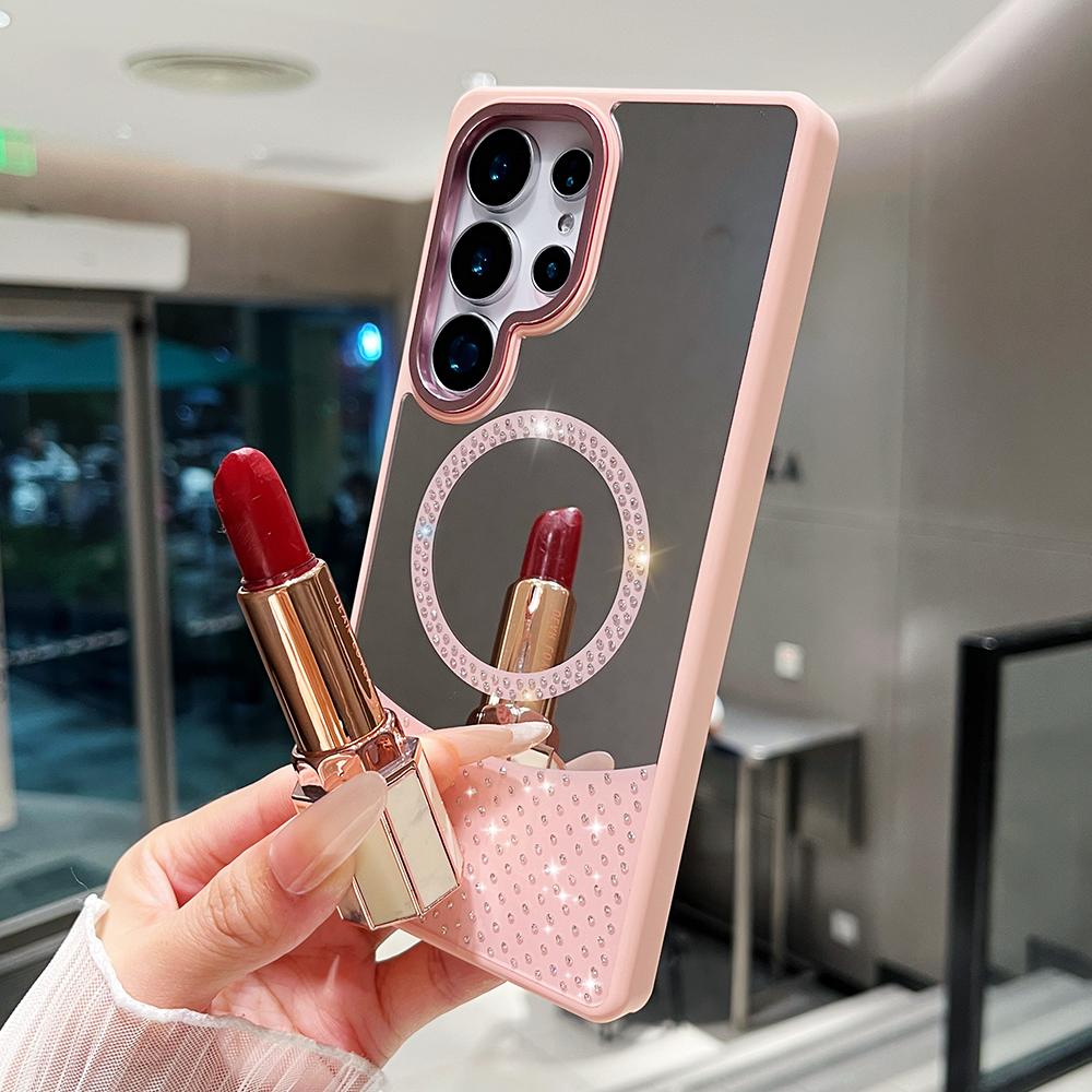 

Роскошное зеркало для макияжа с блестками и бриллиантами, магнитный чехол для телефона для Samsung S25 S24 Ultra S23 S22 Plus S21 FE A55, чехол с драгоценными камнями For Galaxy A56 розовый