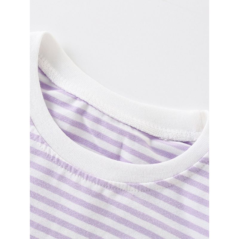 Girls' Purple Short-Sleeved T-Shirt Baby Rainbow Striped Half-Sleeved Pure Cotton T-Shirt Small Kidsren's Summer Round Neck Top 8