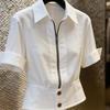 Women White Short Sleeve French Style Slim Fit Casual Commute Shirt Top