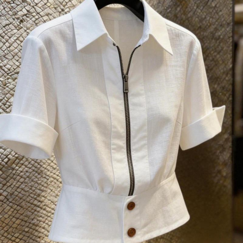 Women White Short Sleeve French Style Slim Fit Casual Commute Shirt Top