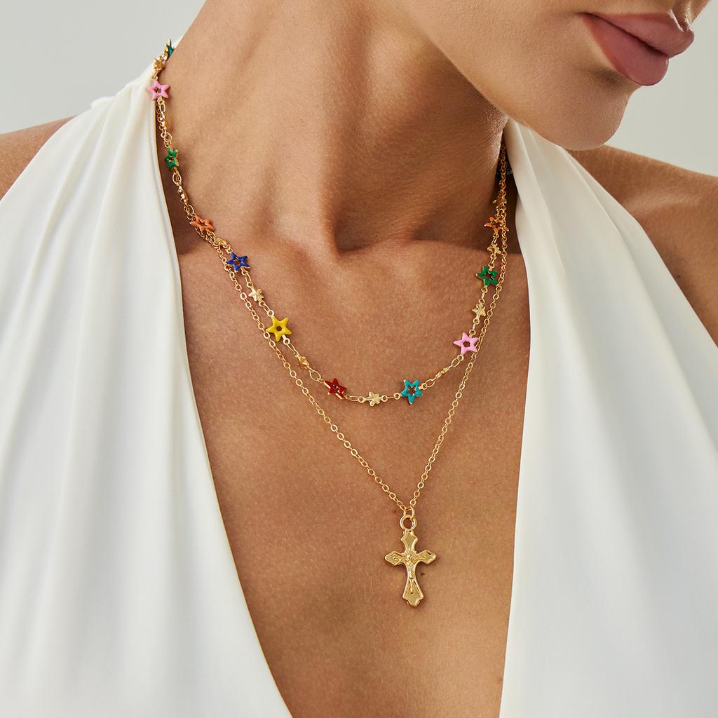 Y2k Star Pentagram Necklace Colorful Crystal Zircon Five-pointed Star Double-layer Cross Pendant Choker Women Girls Accessories