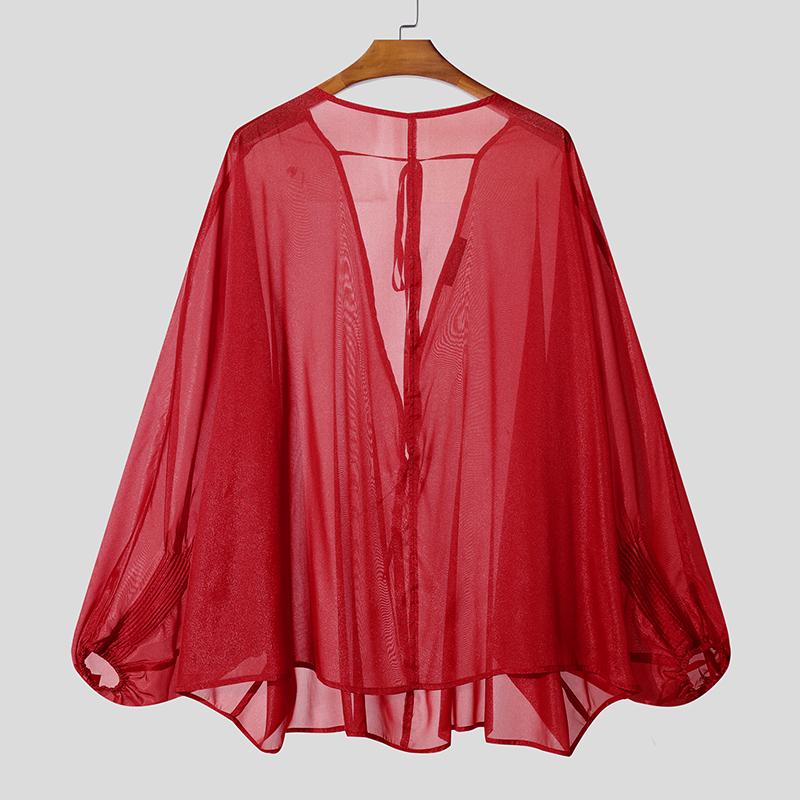 

INCERUN Мужские футболки с длинным рукавом оверсайз, прозрачная сетка на спине, без спины, для вечеринок 5XL красный