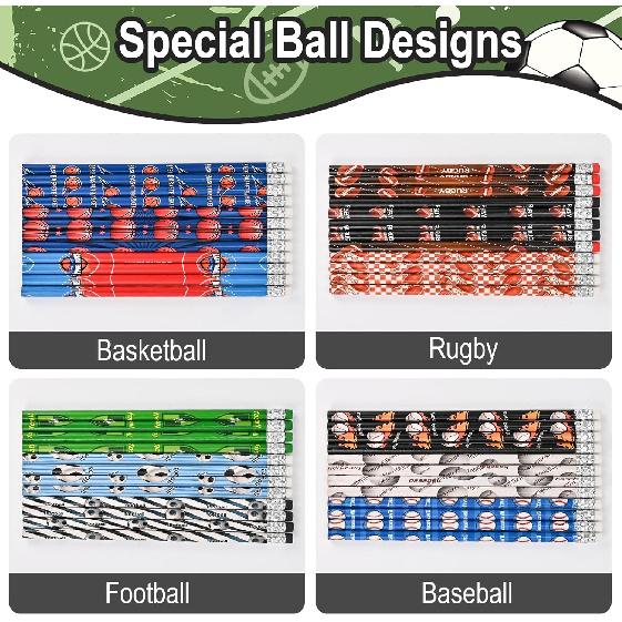 Goldge 48 Sports Pencils for Kids and 48 Pcs Erasers, Baseball Soccer Basketball Pencils #2, Fun Pencils Erasers, Birthday Pencils, School Office