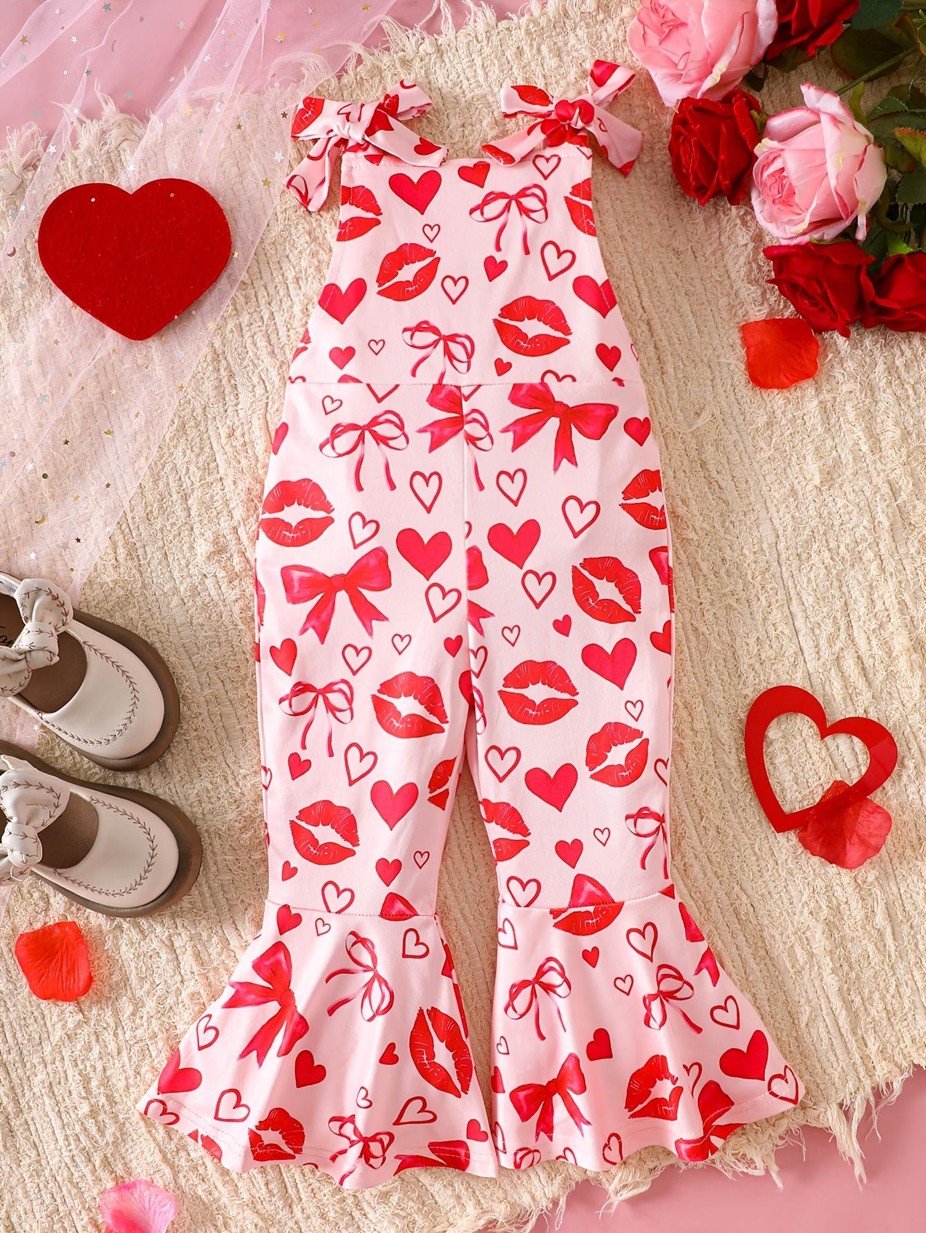 Baby Lips Heart Bow Print Tie Strap Flare Jumpsuit 9-12M красный