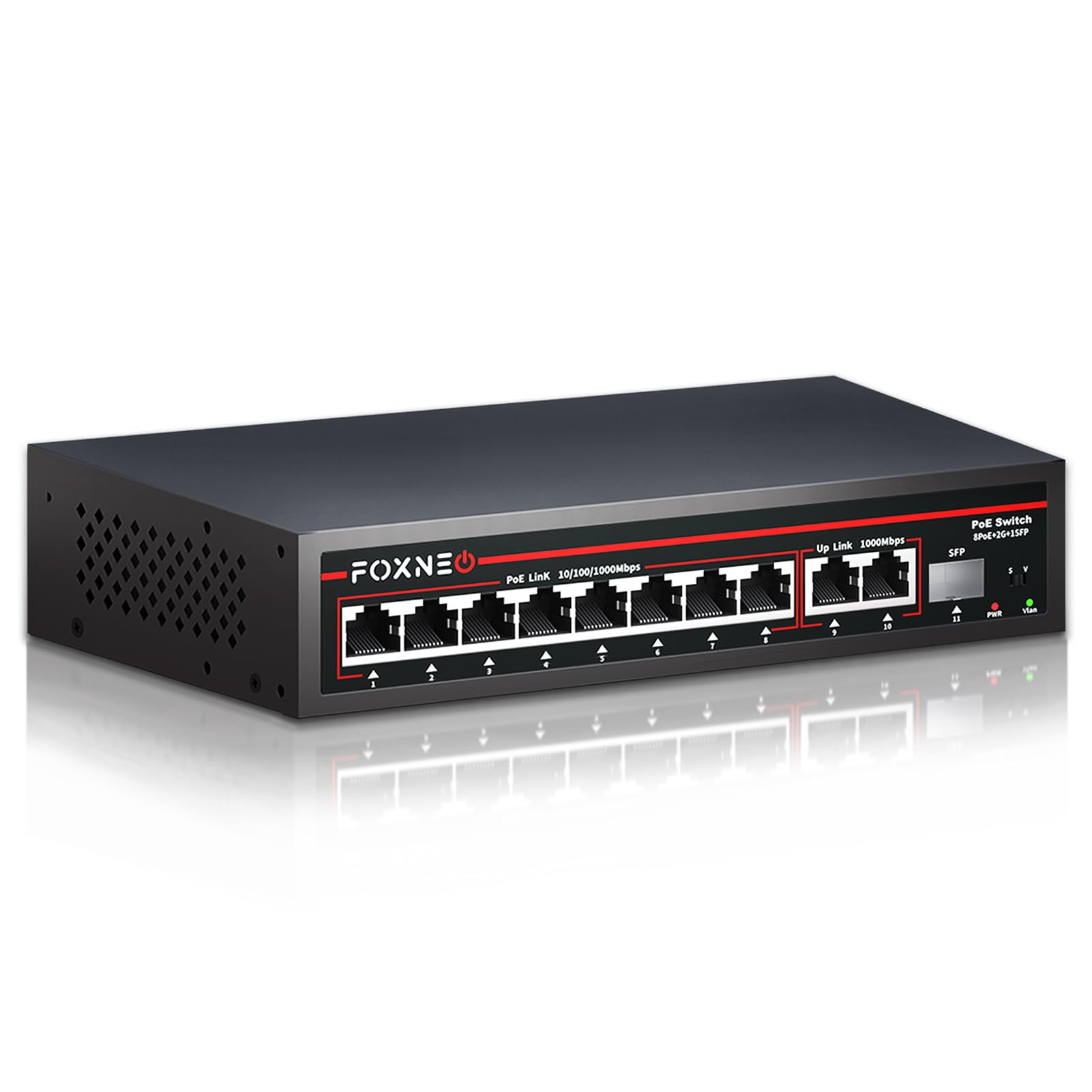 

FOXNEO 1000 Мбіт/с PoE Hub Комутаторний хаб Обладнаний портами живлення PoE 11 портів Порти Порти висхідного зв язку Порти SFP Кожен порт максимум 30 Вт Сумісний з
