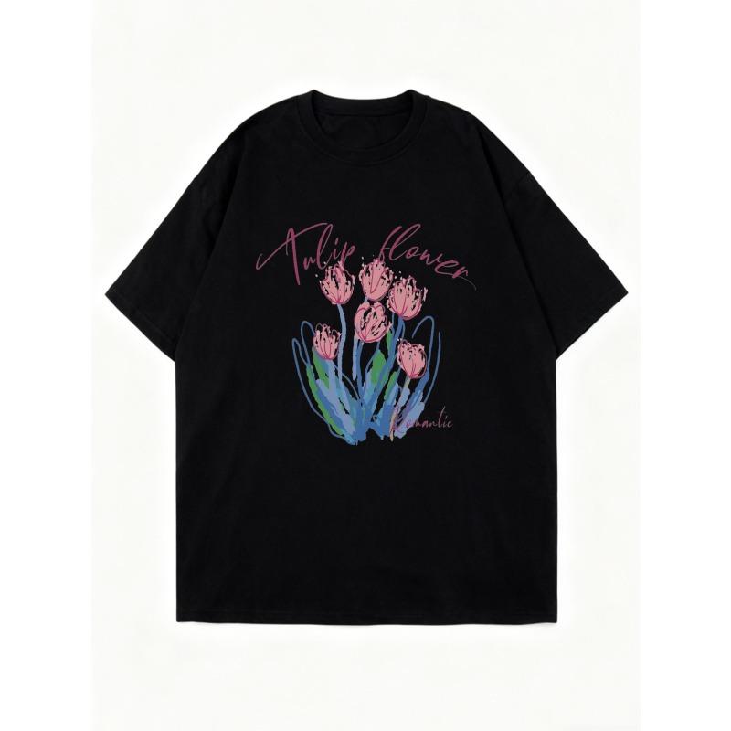 Oversized T Shirt Black Tulip Flower Romantic Print Casual Wear For Women Summer Outfit Streetwear Fashion Top
