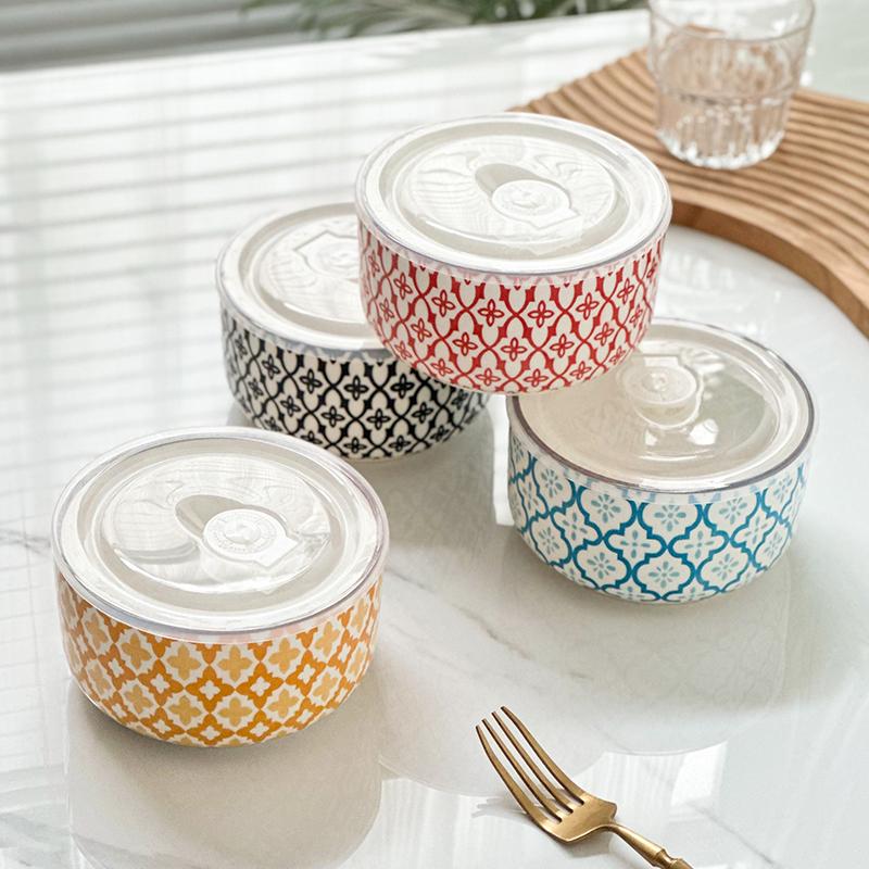 1-Pack 5.3 Inch Bohemian Lidded Fresh-Keeping Bowl, Microwave-Safe Multi-Purpose Fresh-keeping Bowl, Fruit/Salad/Pasta/Rice/Soup