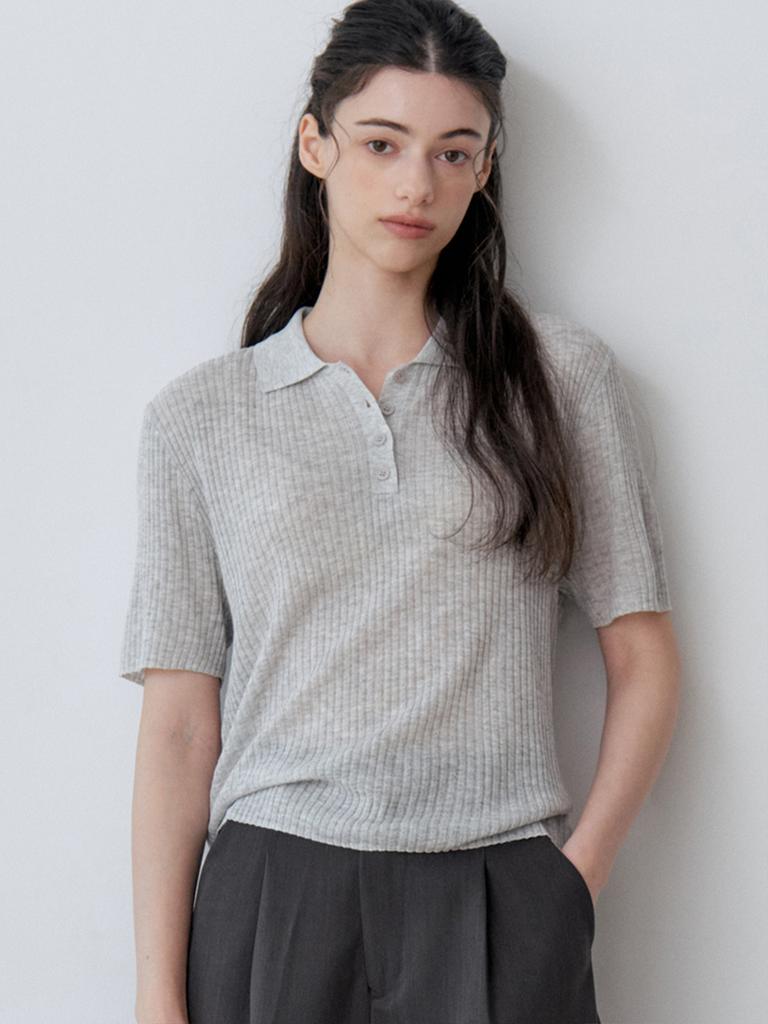 LE STUDIO Linen Blend Collared Knit (Lgy)
