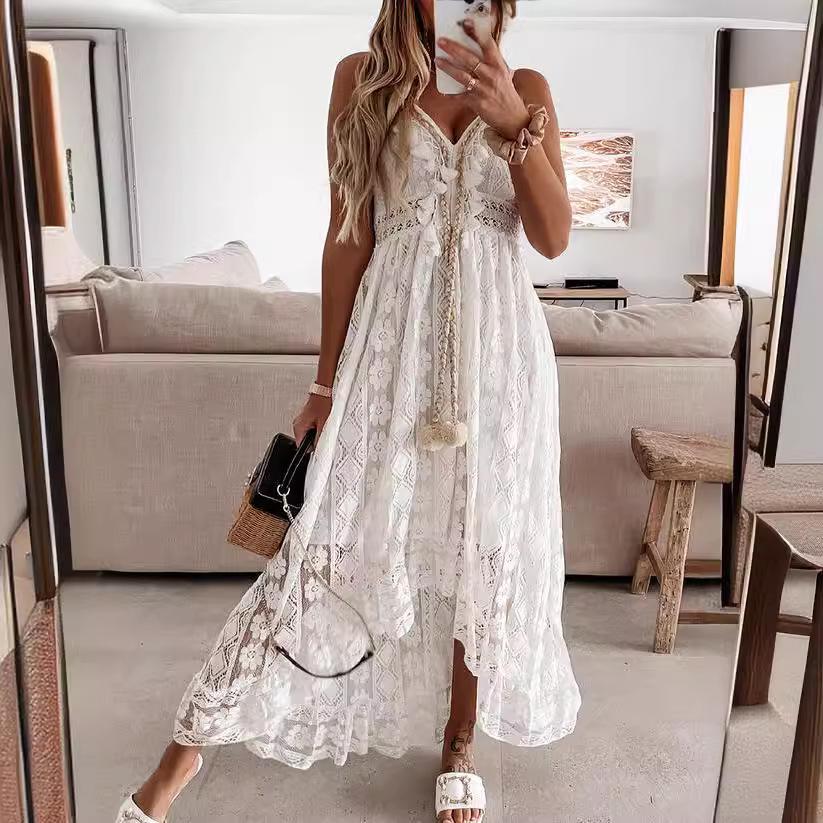 

In Stock! Elegant Lace Camisole Short-Sleeved Long Dress - European & American Style, Solid Color, Light Luxury Fashion. L білий