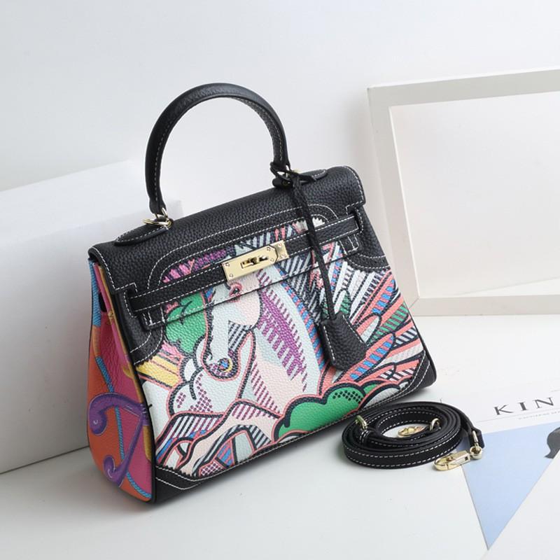 Borsa Kelli alla Moda Nuova con Fantasia a Cartoni Animati Vera Pelle di Mucca Primo Strato Borsa a Spalla Singola Diagonale da Donna