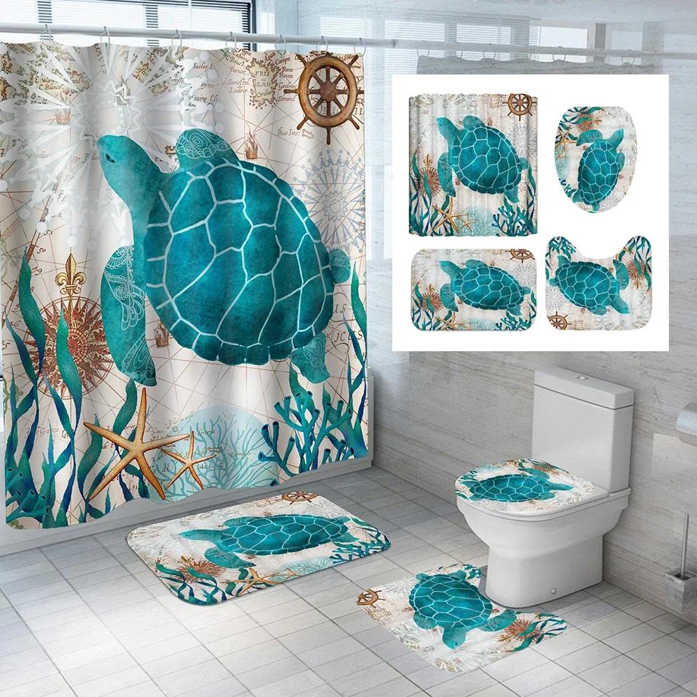 Turtle Sea Horse Dolphin Print Shower Curtain Set Bathroom Bathing Screen Anti-Slip Toilet Lid Cover Carpet Rugs Home Decor Sets
