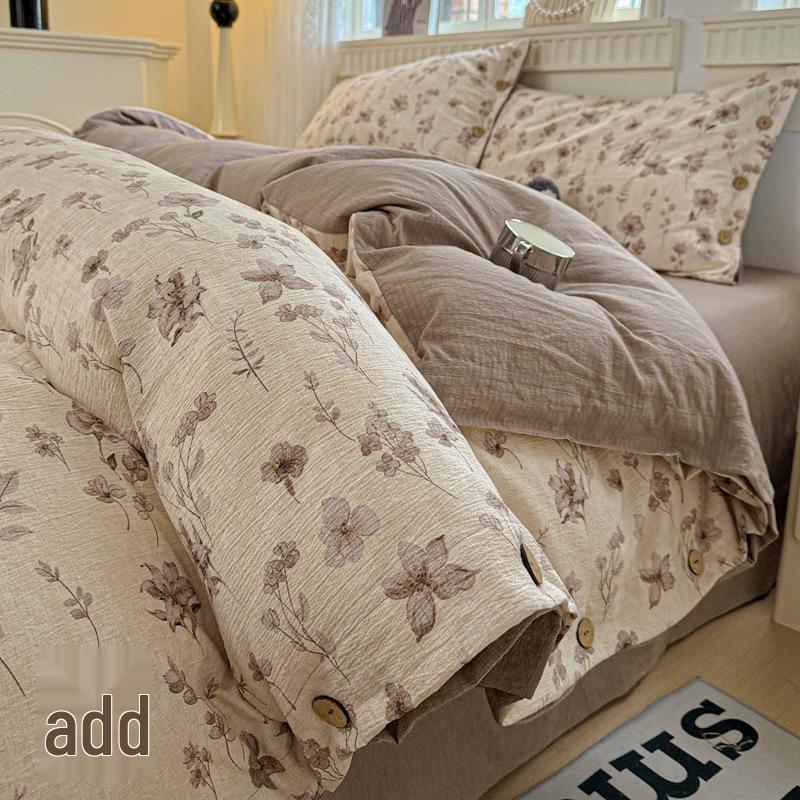 Retro Floral Linen Bedding Set: Autumn & Winter 4-Piece with Button Duvet Cover & Sheet