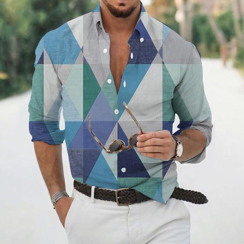 2025 Geometric Three-dimensional 3D Printed Casual Lapel Long-sleeved Shirt Spring and Autumn Men's Trendy Versatile Shirt for Men