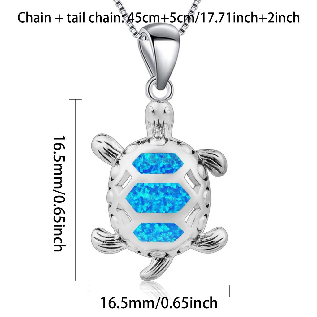 Women's Marine Turtle Opal Pendant Necklace with Sweater Chain Silver Plated Copper Alloy Blue Fire Opal Inlaid Coastal Design