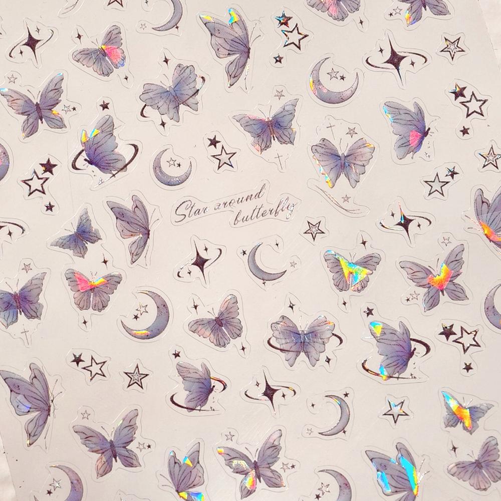 1 Piece 5D Retro Colorful Hand-painted Butterfly Nail Stickers Shell Light Butterfly Rhinestone Soft Relief Nail Art Stickers