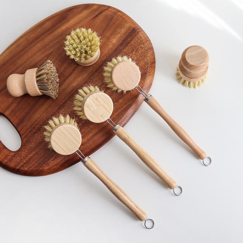 Long Handle Pot Brush Sisal Coconut Palm Cleaning Brush Beech Can Be Replaced Brush Head Washing Pot Brush Bowl Stove Oil-proof and Anti-fouling Brush