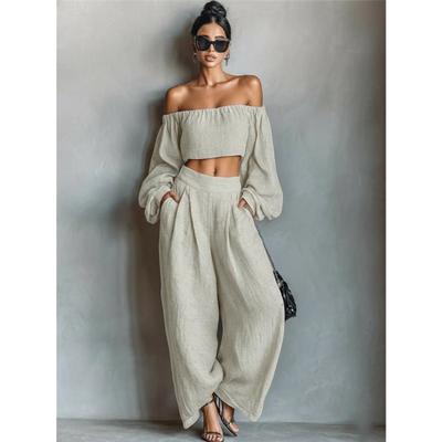 Women 2 Piece Outfit Off Shoulder Puff Sleeve Crop Top High Waist Wide Leg Pants Linen Matching Sets Casual Vacation Suit