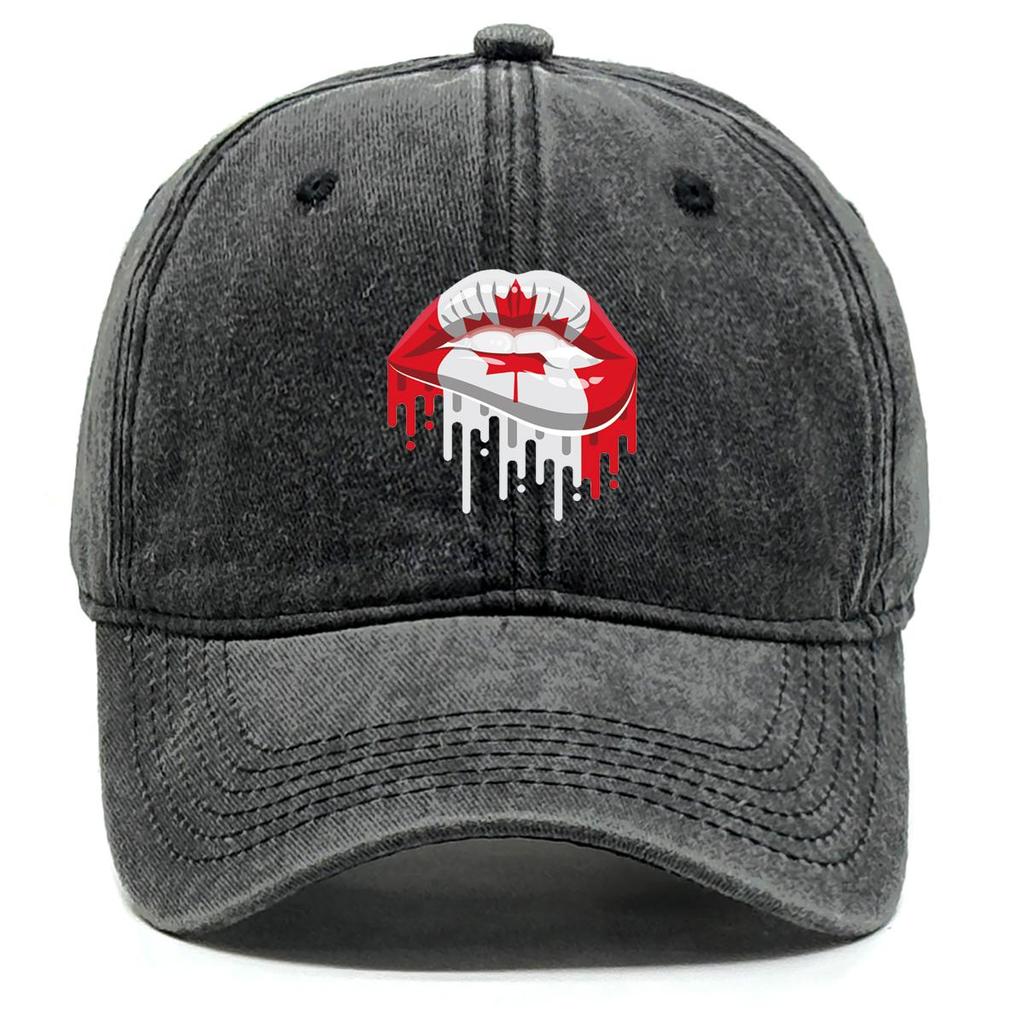 Canada Flag Mouth Print Adjustable Sun Hat, Patriotic Flat Cap Stylish Adjustable Strap Casual Slouchy Snapback Baseball Hat