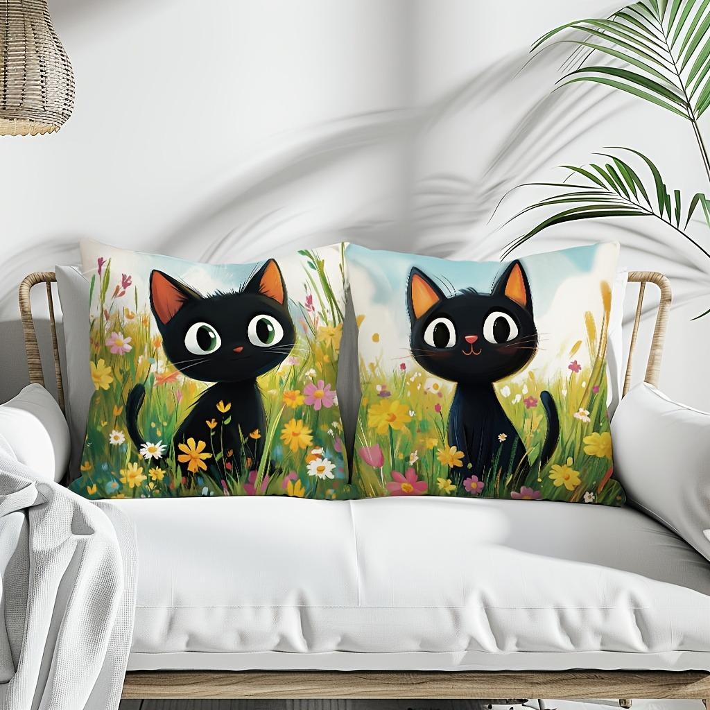 Cute Black Cat - Floral Pillow CoversLiving Room Sofa Cushion Cover, Soft and Comfortable, Bedroom Room Decoration