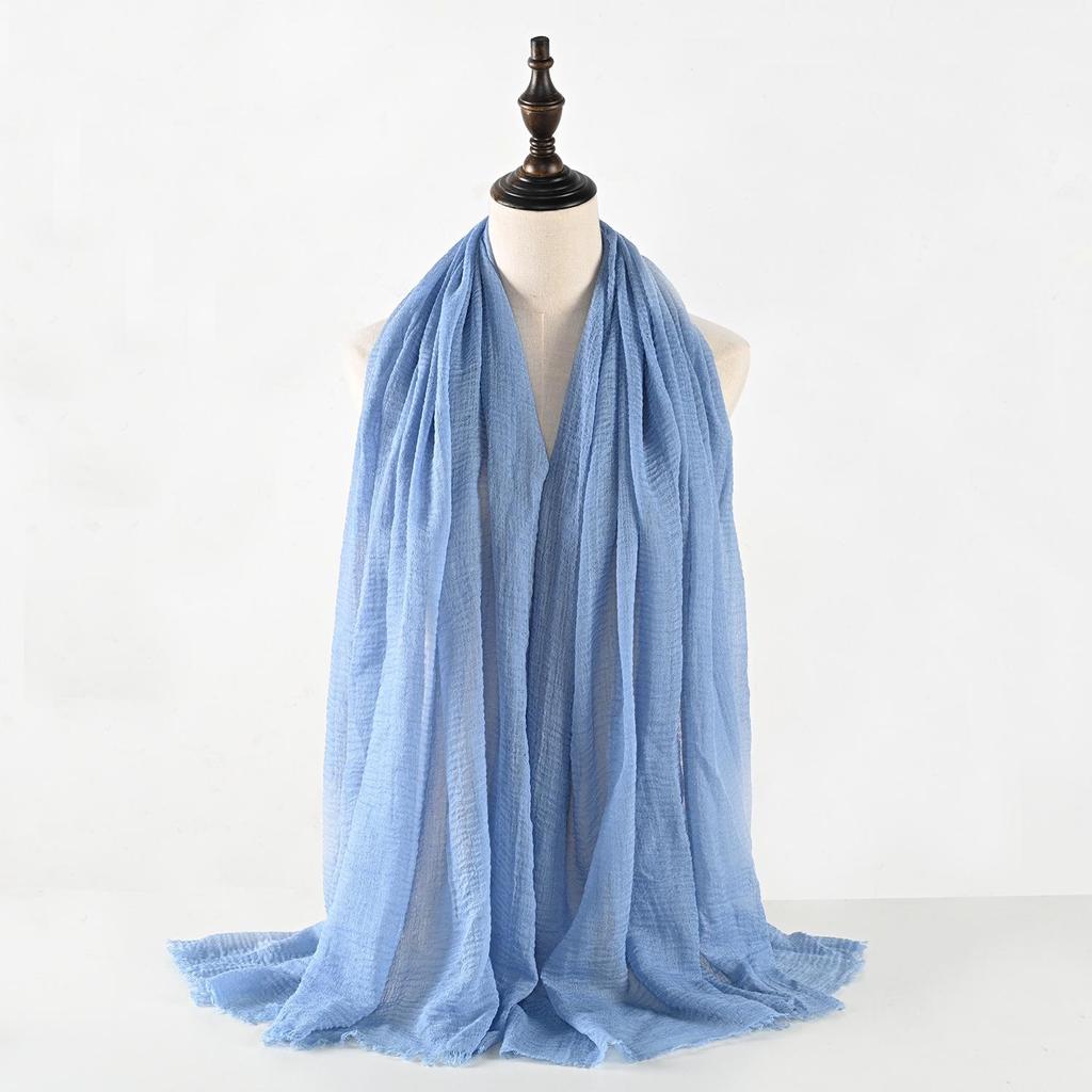 Crinkled Cotton-Linen Blend Scarf with Fringe - Solid Color, 90x180cm, Women's Headscarf