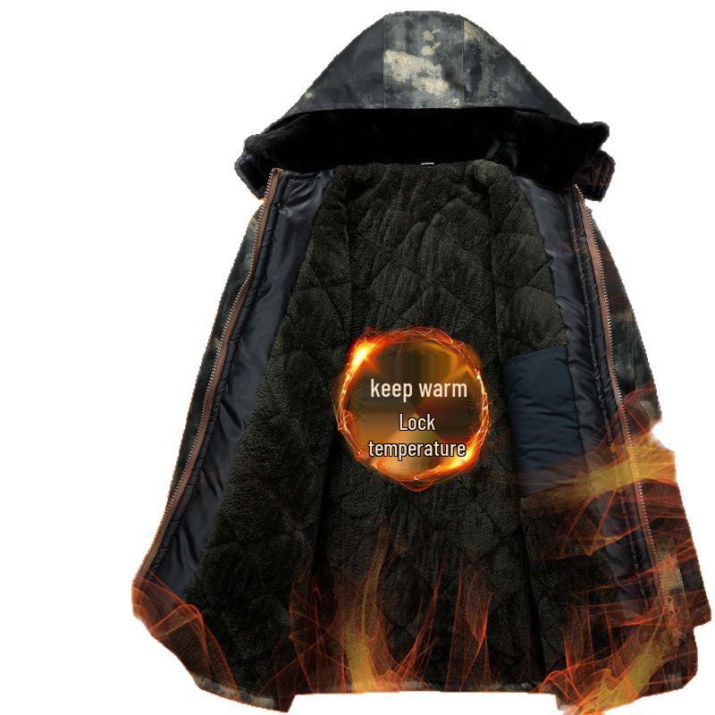 Windproof Camouflage Fleece-Lined Military Overcoat: Cold-Resistant, Waterproof, Mid-Length, Cotton-Padded Jacket for Cold Storage Labor Protection