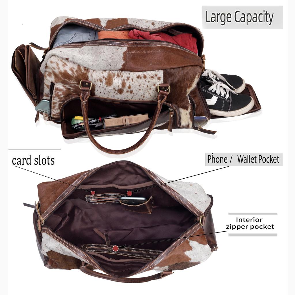 Handmade Cowhide & Hair-On Leather Duffle Bag: 22" Weekender Holdall