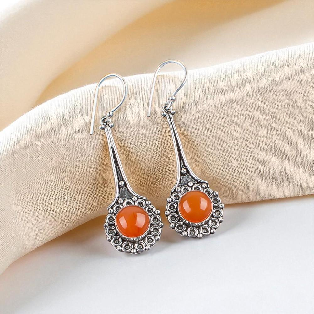 Natural Carnelian Gemstone 925 Sterling Silver Jewelry Handmade Earrings 2.52" EE-77-32